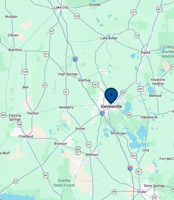 A+ Air Conditioning & Refrigeration service area map in Gainesville, FL